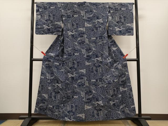 平和屋着物∴夏物 浴衣 注染 御所車舞蝶草花文 手縫い 綿 逸品 CABH7879ze