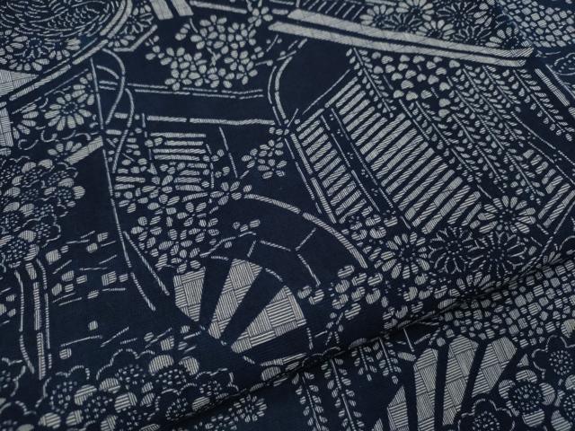 平和屋着物∴夏物 浴衣 注染 御所車舞蝶草花文 手縫い 綿 逸品 CABH7879ze
