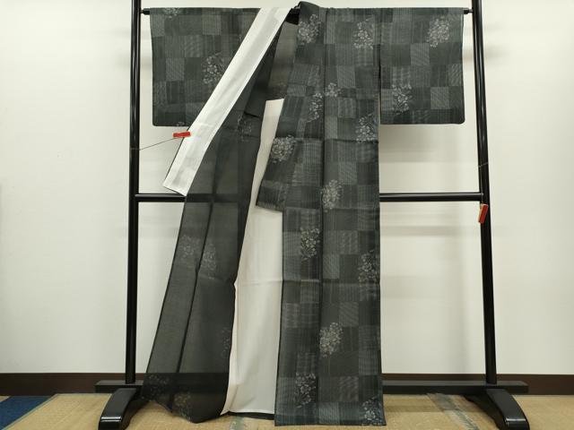 平和屋着物*夏物 小紋・浴衣兼用 絹紅梅 市松草花文 絹綿 逸品 CABH7904ze