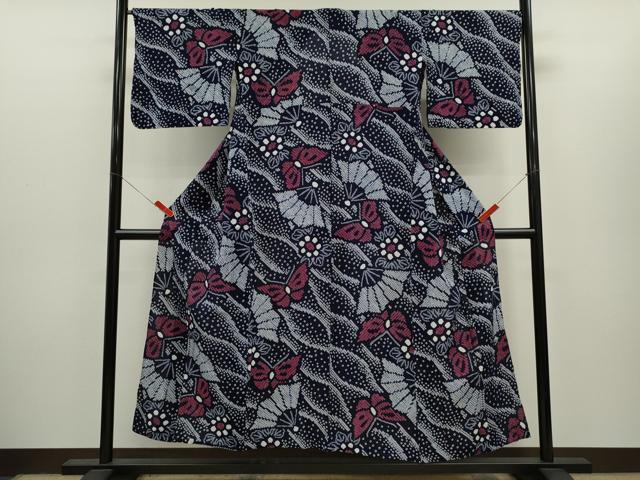 平和屋着物∴夏物 浴衣 有松鳴海絞り 扇面舞蝶花文 綿 逸品 未使用 CABH7925ze