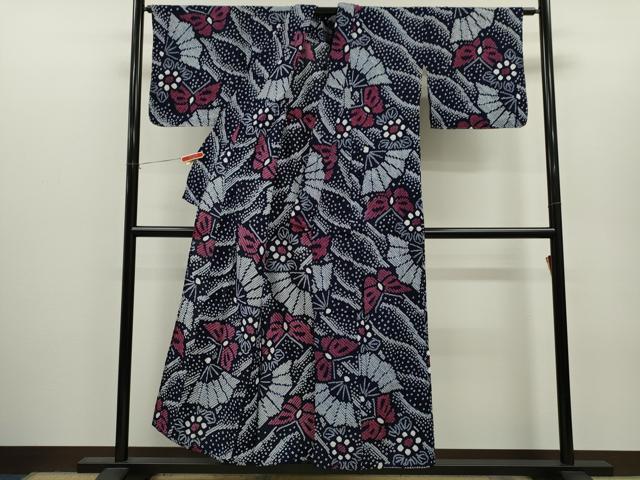 平和屋着物∴夏物 浴衣 有松鳴海絞り 扇面舞蝶花文 綿 逸品 未使用 CABH7925ze