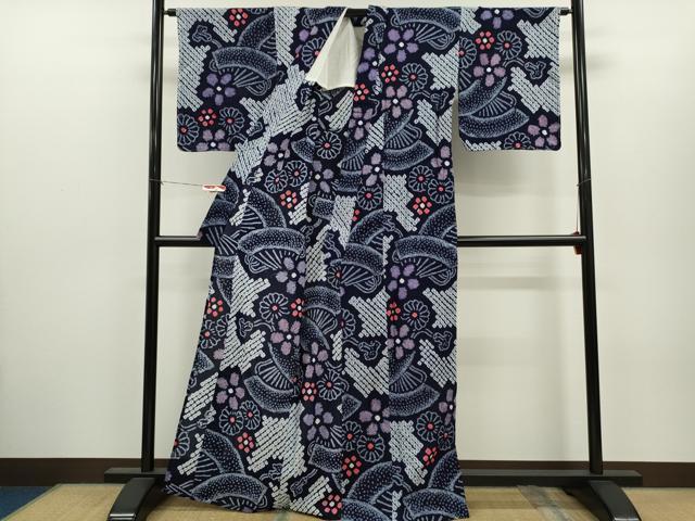 平和屋着物∴夏物 浴衣 有松鳴海絞り 扇面花文 綿 逸品 未使用 CABH7935ze