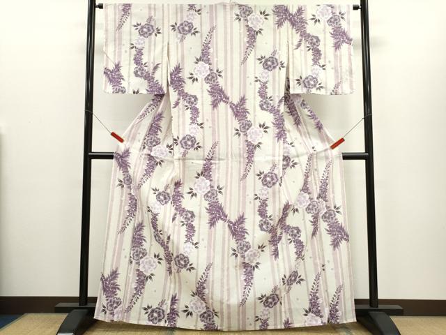 平和屋着物∴夏物 浴衣 縦絽 縞 草花文 綿 逸品 CABH7949ze