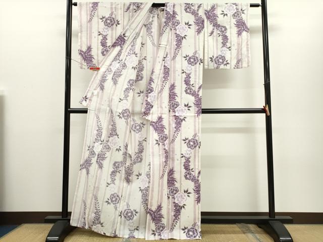 平和屋着物∴夏物 浴衣 縦絽 縞 草花文 綿 逸品 CABH7949ze