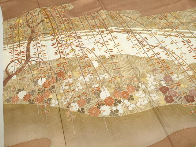 平和屋着物●豪華色留袖 駒刺繍 枝垂れ柳立波花文 暈し染め 金彩 正絹 逸品 CABH7969ze