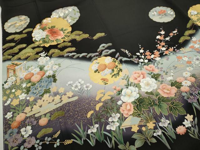 平和屋着物●豪華黒留袖 駒刺繍 雪輪重ね吉祥花文 暈し染め 金彩 正絹 逸品 CABH7977ze