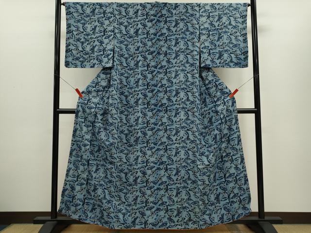 平和屋着物●上質な小紋 藍 型染め 扇面草花舞蝶文 正絹 逸品 未使用 CABH7997ze