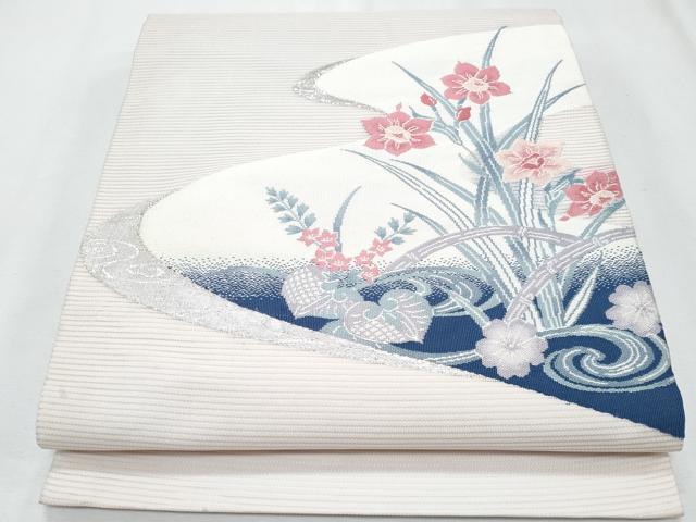 平和屋着物*夏物 九寸開き名古屋帯 流水草花文 銀糸 正絹 逸品 CABH8026fb