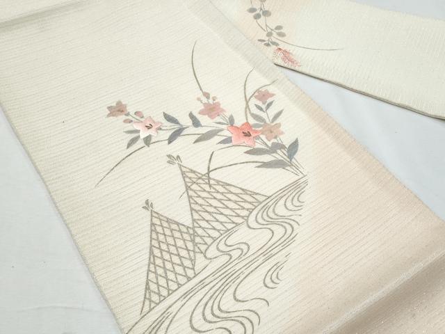平和屋着物*夏物 九寸名古屋帯 刺繍 流水桔梗文 金銀彩 正絹 逸品 CABH8063fb