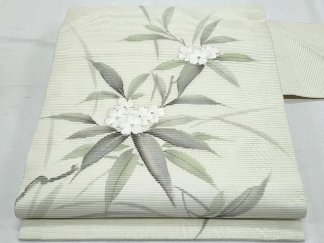 平和屋着物*夏物 九寸名古屋帯 作家物 手描き 刺繍 草花文 銀彩 正絹 逸品 CABH8181fb