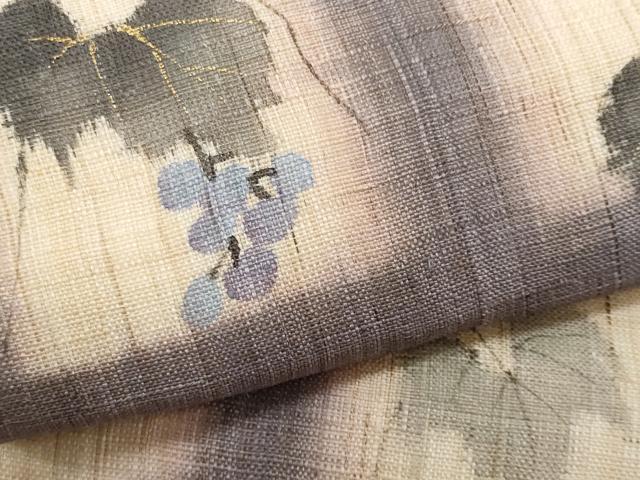 平和屋着物*夏物 染色作家 桐山紫香 手描き 九寸名古屋帯 葡萄蔦の葉文 麻 逸品 CABH8188fb