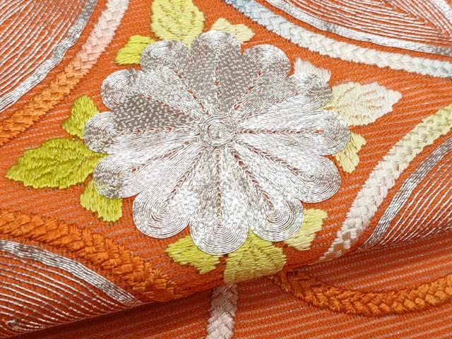 平和屋着物*夏物 九寸名古屋帯 駒刺繍 七宝花文 銀糸 正絹 逸品 CABH8249fb