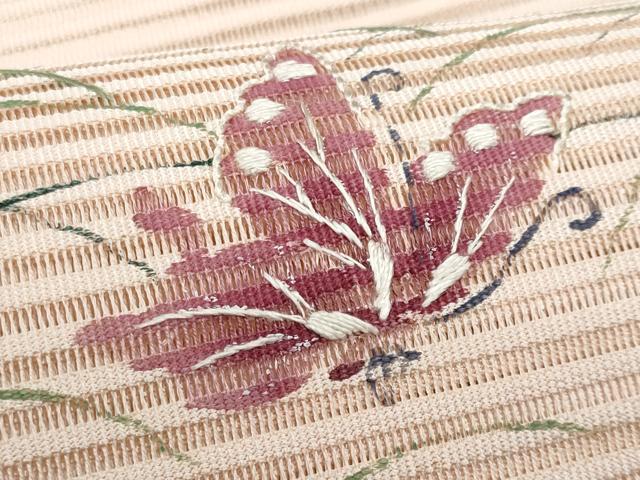 平和屋着物*夏物 八寸名古屋帯 刺繍 絽綴れ 舞蝶草花文 正絹 逸品 CABH8278fb