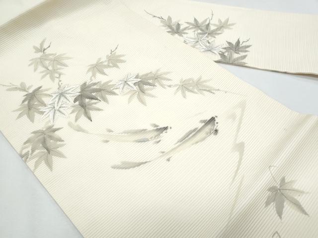平和屋着物*夏物 九寸名古屋帯 作家物 刺繍 魚 枝楓文 銀彩 正絹 逸品 CABH8297fb