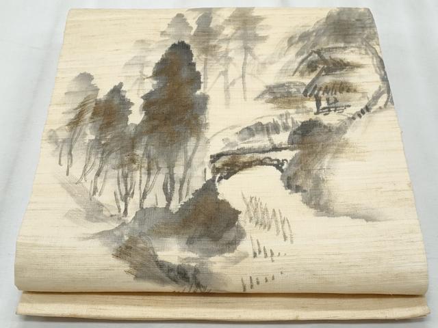 平和屋着物*夏物 九寸開き名古屋帯 作家物 手描き 風景文 金彩 麻 逸品 CABH8325fb