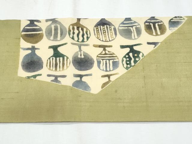 平和屋着物*松煙染の第一人者 川島草苑 夏物 九寸名古屋帯 紬地 型絵染 成り物 正絹 逸品 CABH8332fb