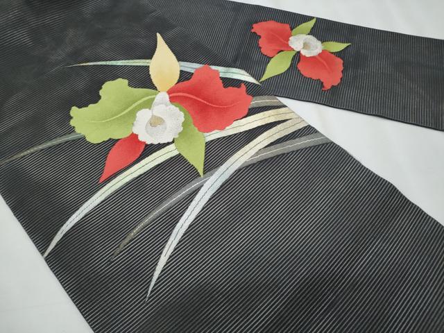 平和屋着物*夏物 九寸名古屋帯 草花文 黒地 金銀糸 正絹 逸品 CABH8337fb