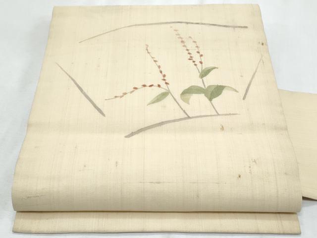 平和屋着物*夏物 九寸名古屋帯 手描き 枝葉文 正絹 逸品 CABH8368fb