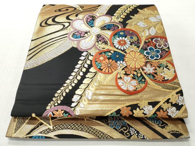平和屋着物◎六通柄袋帯 唐織 草花文 黒地 金銀糸 正絹 逸品 CABH8481qe