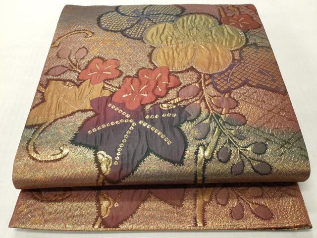 平和屋着物◎六通柄袋帯 ふくれ織 草花文 金糸 正絹 逸品 CABH8489qe