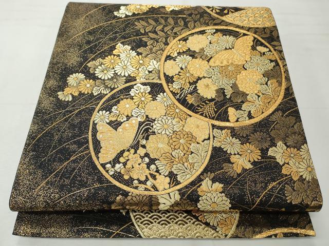 平和屋着物◎六通柄袋帯 正倉院蒔絵文 黒地 金糸 正絹 逸品 CABH8594qe