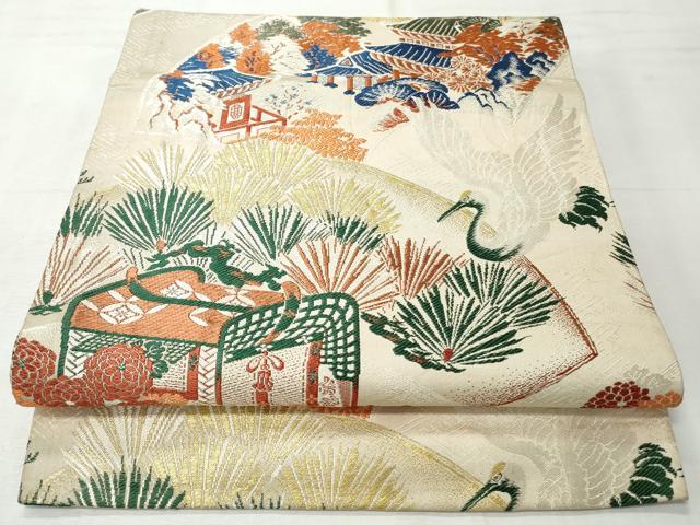 平和屋着物◎アンティーク 大正ロマン 丸帯 唐織 地紙飛鶴風景文 金糸 正絹 逸品 CABH8599qe