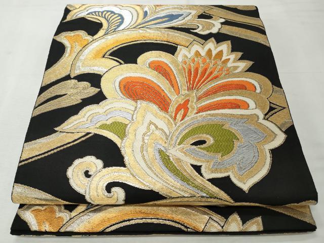 平和屋着物◎六通柄袋帯 唐織 更紗花文 黒地 金銀糸 正絹 逸品 CABH8605qe