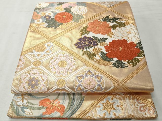 平和屋着物◎六通柄袋帯 唐織 草花菱文 金糸 正絹 逸品 CABH8606qe