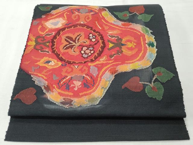 平和屋着物◎八寸名古屋帯 草花文 黒地 正絹 逸品 CABH8611qe