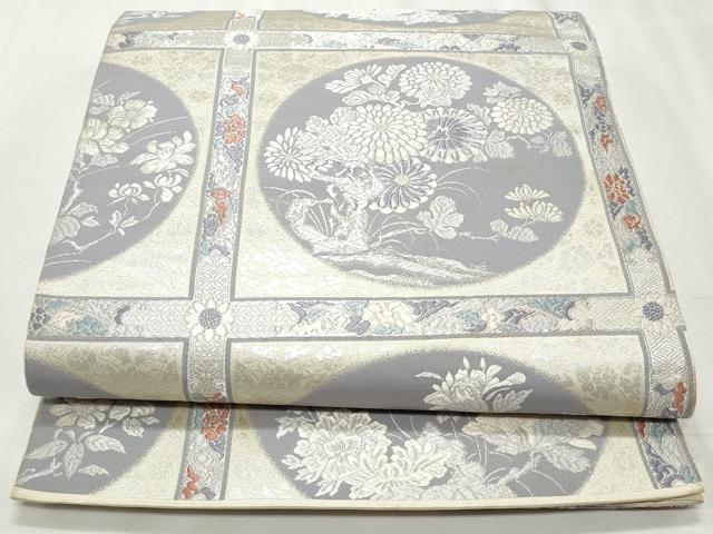 平和屋着物◎六通柄袋帯 唐織 格子花丸文 銀糸 正絹 逸品 CABH8655qe