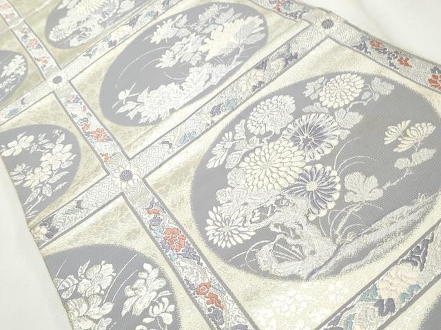 平和屋着物◎六通柄袋帯 唐織 格子花丸文 銀糸 正絹 逸品 CABH8655qe