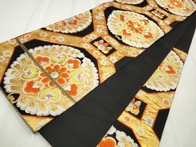 平和屋着物◎六通柄袋帯 唐織 蜀江正倉院花文 黒地 金銀糸 正絹 逸品 CABH8678qe