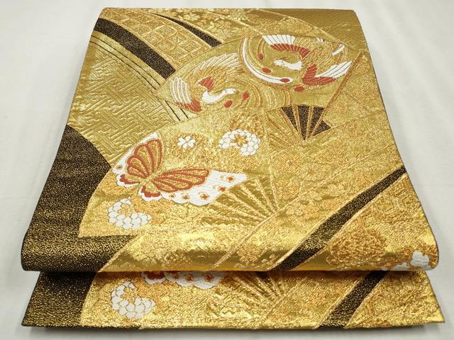 平和屋着物◎六通柄袋帯 唐織 扇面鳳凰花蝶文 黒地 金糸 正絹 逸品 CABH8680qe