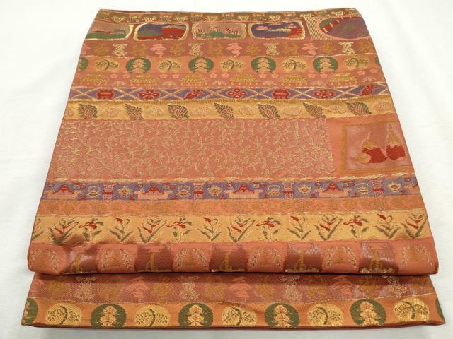 平和屋着物◎六通柄袋帯唐織 横段動物松竹梅 金糸 正絹 逸品 CABH8741qe