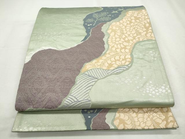 平和屋着物◎六通柄袋帯 唐織 流水飛鶴文 銀糸 正絹 逸品 CABH8780qe
