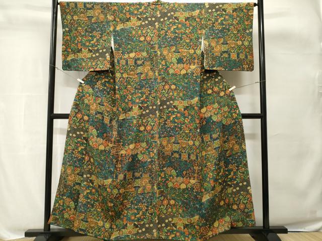平和屋着物■上質な小紋 切嵌更紗花蝶文 正絹 逸品 CABH8822ev