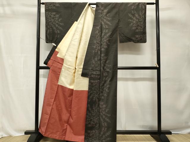 平和屋着物■上質な紬 枝葉文 黒地 正絹 逸品 CABH8838ev