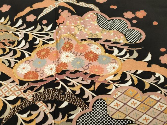 平和屋着物■豪華黒留袖 駒刺繍 雪芝松花文 金彩 正絹 逸品 CABH8859ev
