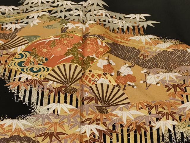 平和屋着物■豪華黒留袖 駒刺繍 笹竹扇面花文 金彩 正絹 逸品 CABH8897ev