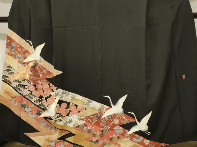 平和屋着物■豪華黒留袖 作家物 駒刺繍 飛鶴宝尽し花文 金彩 正絹 逸品 CABH8898ev
