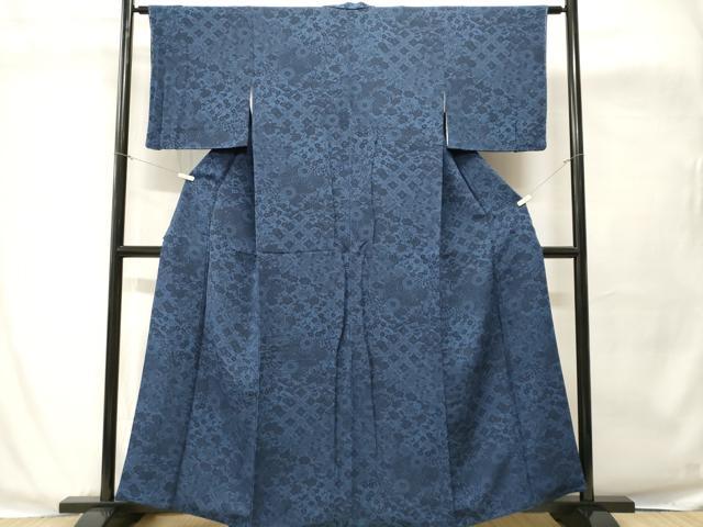 平和屋着物■上質な小紋 藍 型染め 花唐草文 鬼しぼ縮緬 正絹 逸品 CABH8952ev