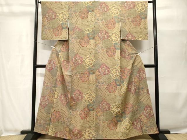 平和屋着物■上質な小紋 紬 切嵌吉祥花文 正絹 逸品 CABH8969ev