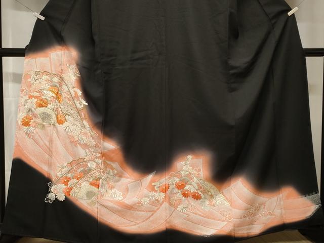 平和屋着物■豪華黒留袖 駒刺繍 扇面片輪車花文 暈し染め 正絹 逸品 CABH8976ev