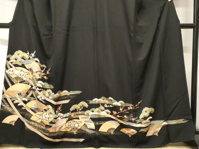 平和屋着物■豪華黒留袖 扇面双鶴枝梅松文 金彩 正絹 逸品 CABH8983ev
