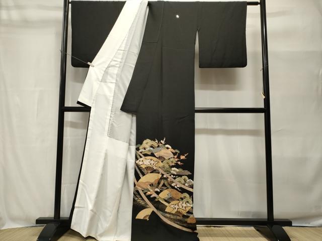 平和屋着物■豪華黒留袖 扇面双鶴枝梅松文 金彩 正絹 逸品 CABH8983ev