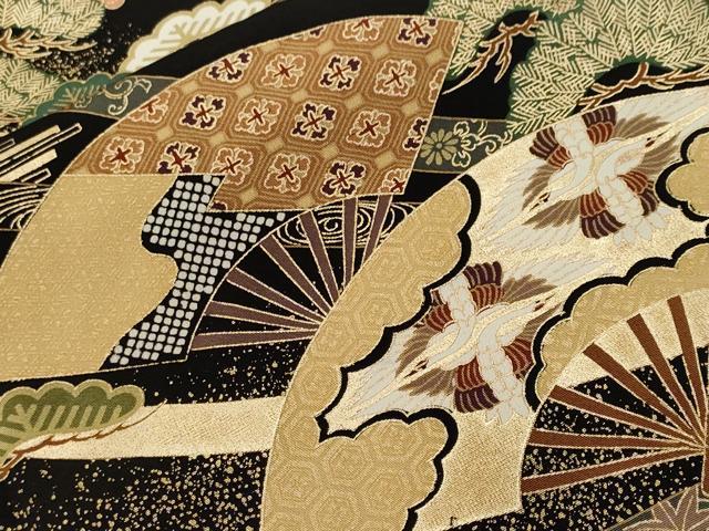 平和屋着物■豪華黒留袖 扇面双鶴枝梅松文 金彩 正絹 逸品 CABH8983ev