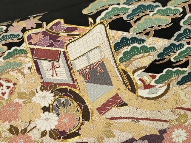 平和屋着物■豪華黒留袖 駒刺繍 御所車鳳凰吉祥文 暈し染め 金銀彩 正絹 逸品 CABH9046ev
