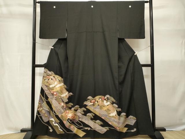 平和屋着物■豪華黒留袖 地紙重ね飛鶴宝尽し花文 金彩 正絹 逸品 CABH9050ev