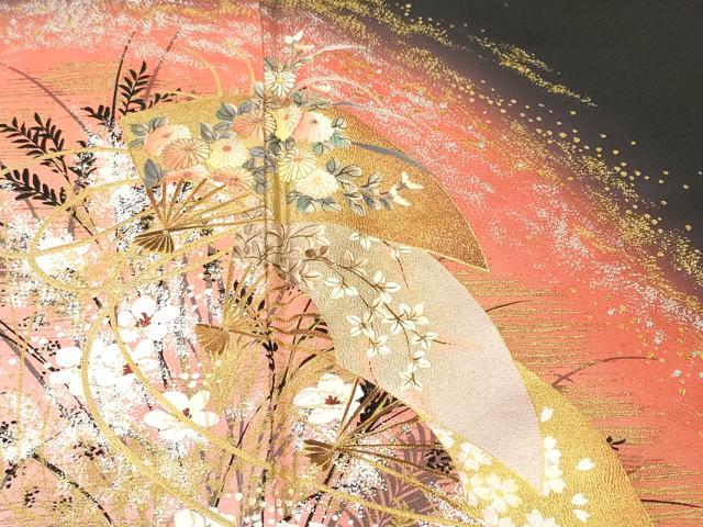 平和屋着物■豪華黒留袖 芒扇面草花文 暈し染め 金銀彩 正絹 逸品 CABH9053ev