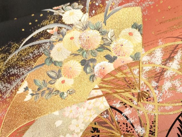 平和屋着物■豪華黒留袖 芒扇面草花文 暈し染め 金銀彩 正絹 逸品 CABH9053ev